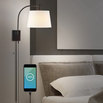 Gosling 22.5" Mid-Century Modern Plug-In or Hardwired Iron LED Gooseneck Swing Arm Wall Sconce with Pull-Chain and USB Charging Port - JONATHAN Y